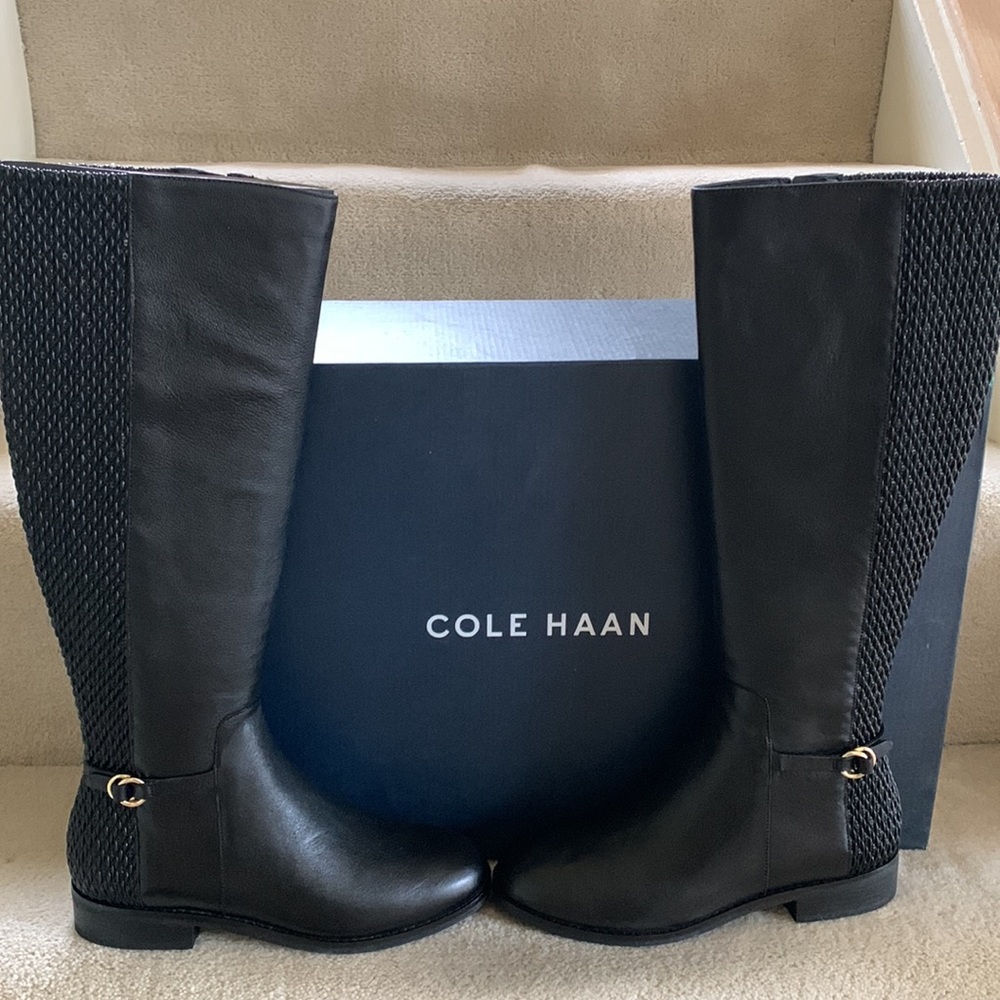 NIB COLE HAAN TALL BLACK LEATHER HEELED BOOTS - Picture 5 of 6
